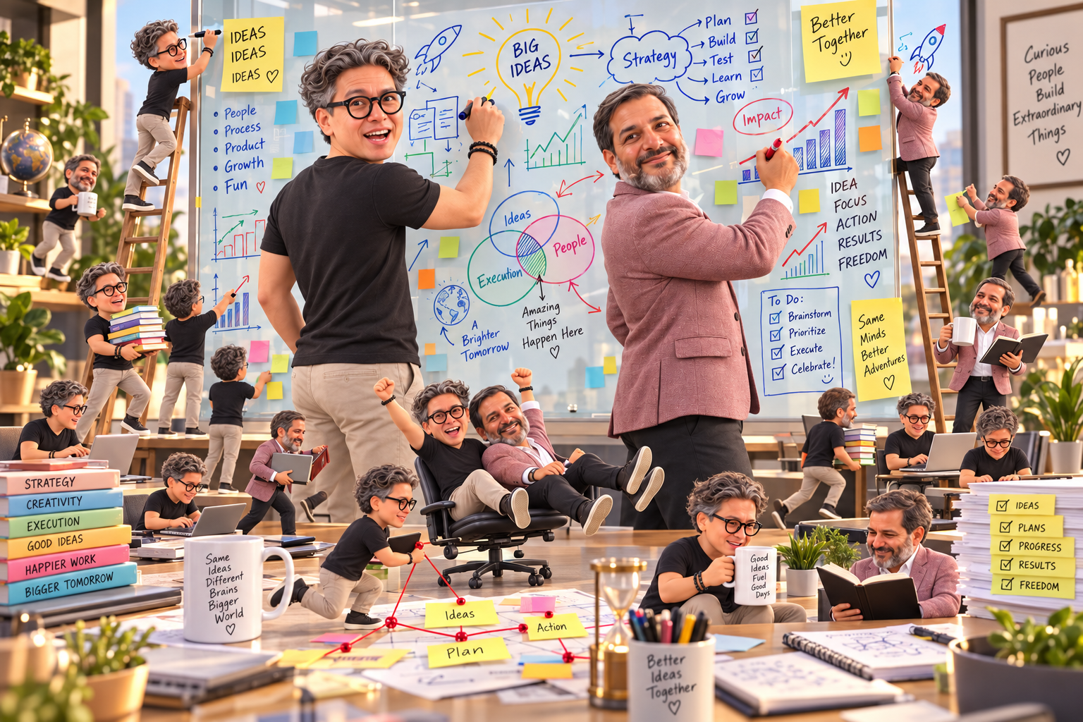 Equipo colaborando en un espacio de trabajo creativo con ideas, estrategia y ejecución